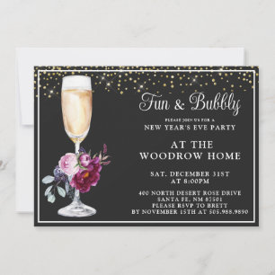 Champagne Glass Gold Black New Year's Eve Invitation
