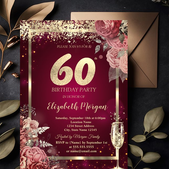 Champagne Glass Gold Confetti Floral Red 60th  Invitation (Creator Uploaded)