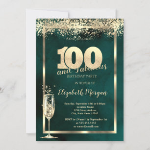 Champagne Glass Gold Confetti Green 100th Birthday Invitation