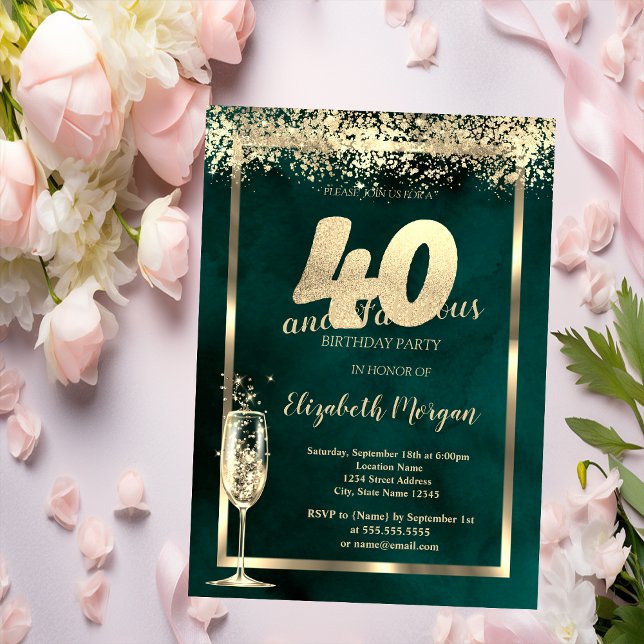 Champagne Glass Gold Confetti Green 40th Birthday Invitation (Creator Uploaded)