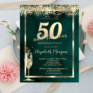 Champagne Glass Gold Confetti Green 50th Birthday Invitation