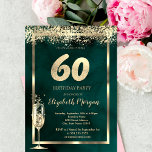 Champagne Glass Gold Confetti Green 60th Birthday Invitation<br><div class="desc">Elegant  champagne glass,  and gold confetti on green background.</div>