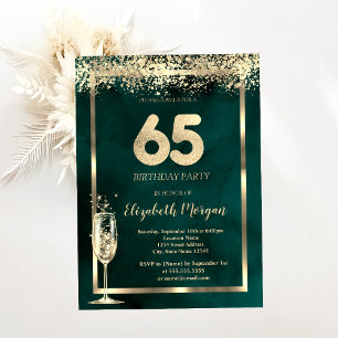 Champagne Glass Gold Confetti Green 65th Birthday Invitation