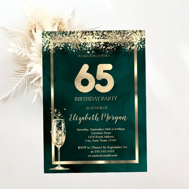  Champagne Glass Gold Confetti Green 65th Birthday Invitation (Creator Uploaded)