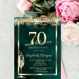 Champagne Glass Gold Confetti Green 70th Birthday Invitation