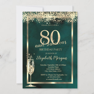 Champagne Glass Gold Confetti Green 80th Birthday Invitation