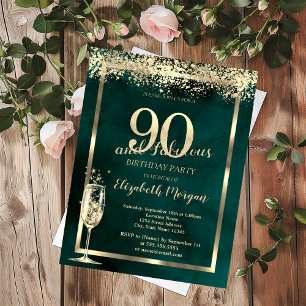 Champagne Glass Gold Confetti Green 90th Birthday Invitation