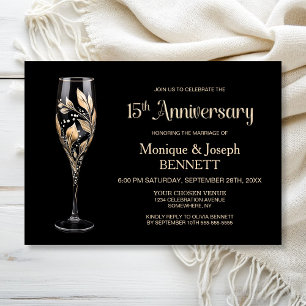 Champagne Glass Gold Leaf 15th Wedding Anniversary Invitation