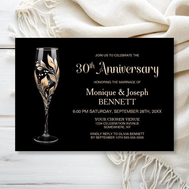 Champagne Glass Gold Leaf 30th Wedding Anniversary Invitation (Creator Uploaded)