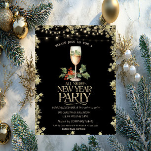 Champagne Glass Holly Berry Cocktail Stars Holiday Invitation