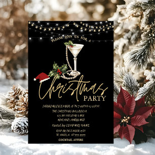 Champagne Glass Pearls Santa Hat Christmas Company Invitation
