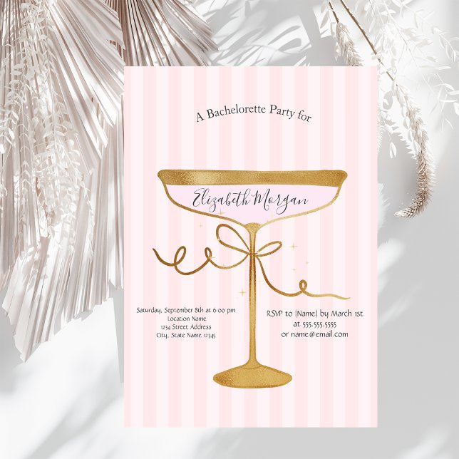 Champagne Glass Pink Stripes Bachelorette   Invitation (Creator Uploaded)
