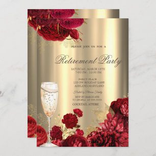 Champagne Glass Red Roses Gold Retirement Party Invitation