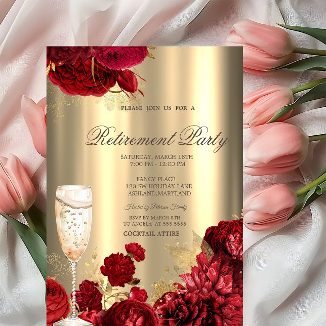 Champagne Glass Red Roses Gold Retirement Party Invitation (Creator Uploaded)