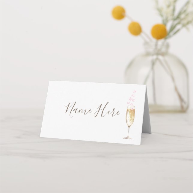 Champagne Glass Rose Petals Folded Place Card (Front)