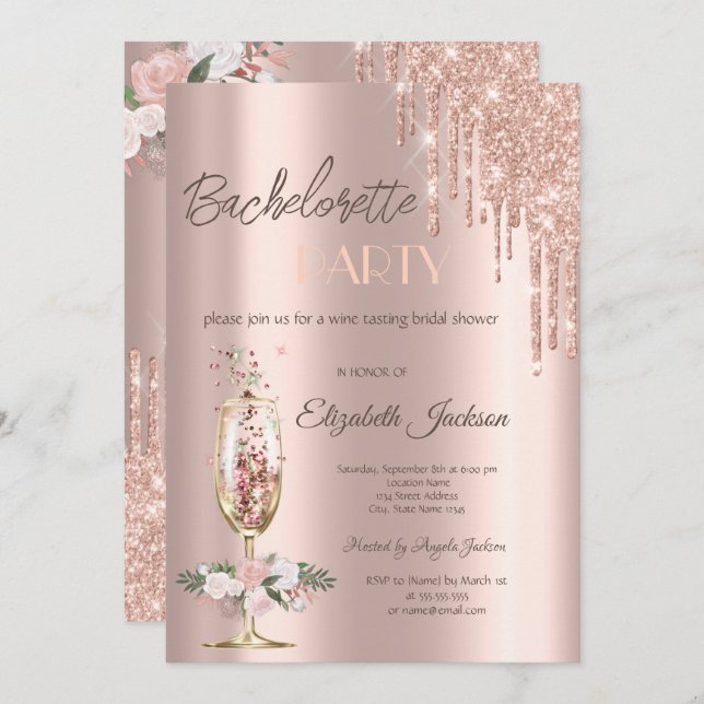 Champagne Glass Roses Bachelorette Party    Invitation (Front/Back)
