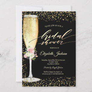 Champagne Glass,Roses,Gold Diamonds Bridal Shower Invitation