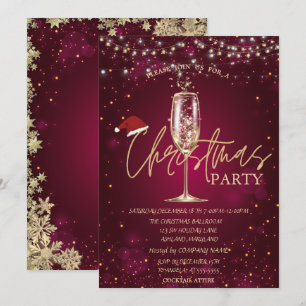 Champagne Glass Santa Hat Christmas Red Company Invitation