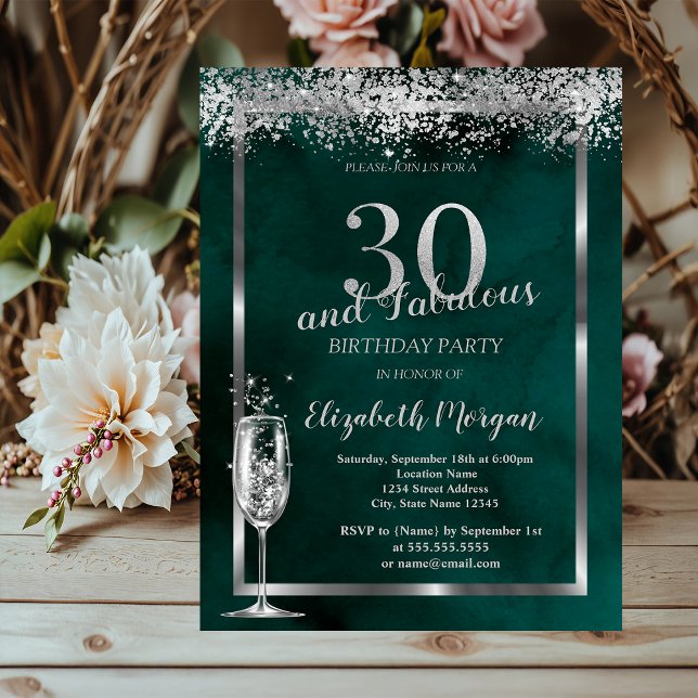 Champagne Glass Silver Confetti Green 30th  Invitation (Creator Uploaded)
