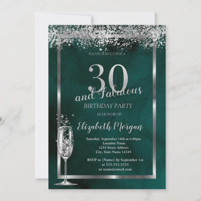 Champagne Glass Silver Confetti Green 30th  Invitation (Front)