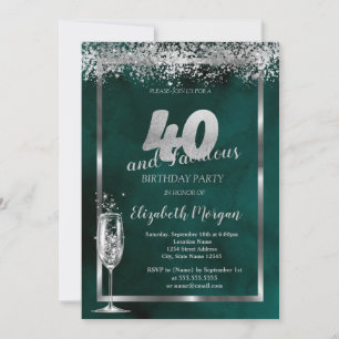 Champagne Glass Silver Confetti Green 40th  Invitation