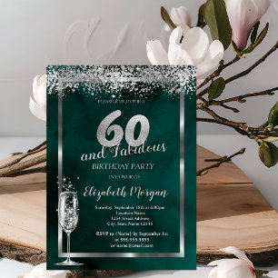 Champagne Glass Silver Confetti Green 60th  Invitation