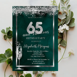 Champagne Glass Silver Confetti Green 65th  Invitation