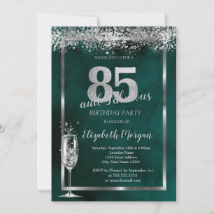 Champagne Glass Silver Confetti Green 85th  Invitation