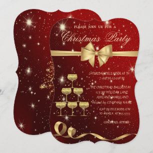 Champagne Glass Tree ,Bow,Red,Christmas Party Invitation