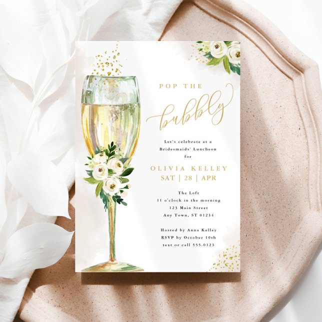 Champagne Glass White Floral Bridal Luncheon Invitation (Creator Uploaded)