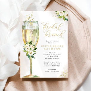 Champagne Glass White & Gold Floral Bridal Brunch Invitation
