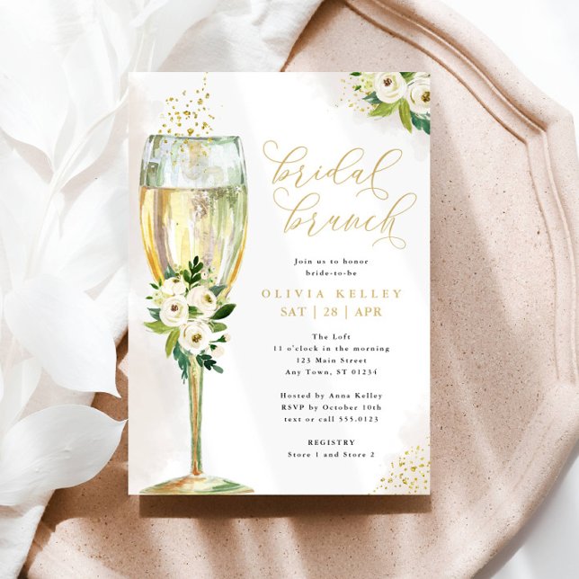 Champagne Glass White & Gold Floral Bridal Brunch Invitation (Creator Uploaded)