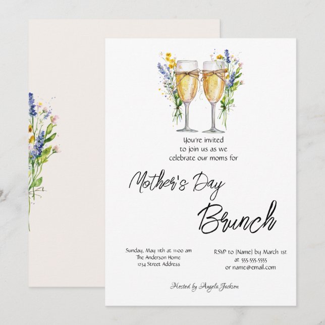  Champagne Glass Wildflower Mother's Day Brunch Invitation (Front/Back)
