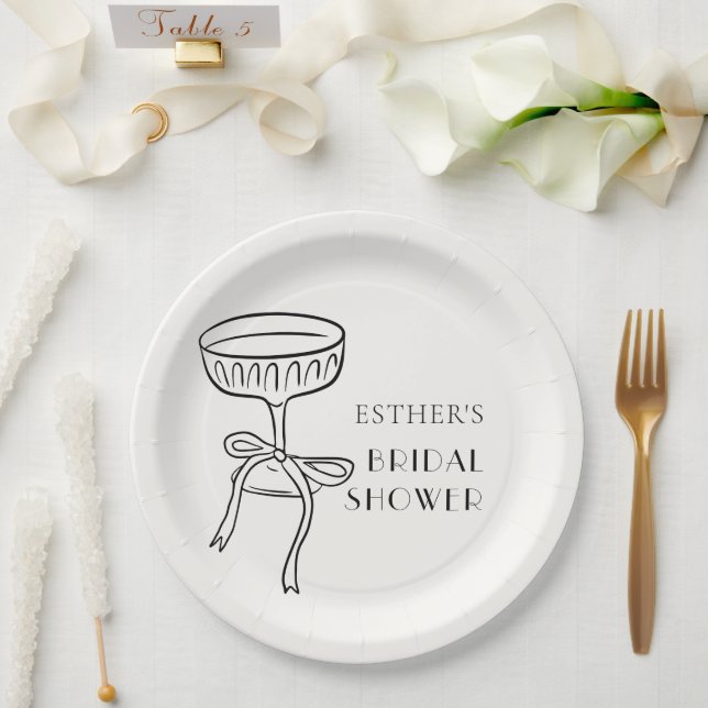Champagne Glass With Bow Bridal Shower Paper Plate (Wedding)