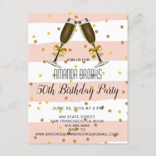 Champagne Glasse Gold Confetti 50th Birthday Party Announcement Postcard