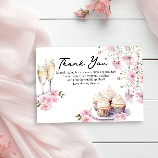 Champagne Glasses and Cupcakes Pink Flowers Thank You Card (Thank you cards from Cupcakes and Cava Bridal Shower Collection by Darling & May)