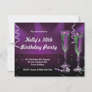 Champagne Glasses Birthday Invitation in Purple