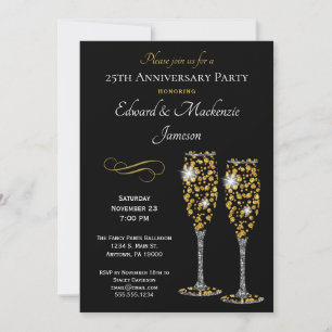 Champagne Glasses Black Anniversary Invitation