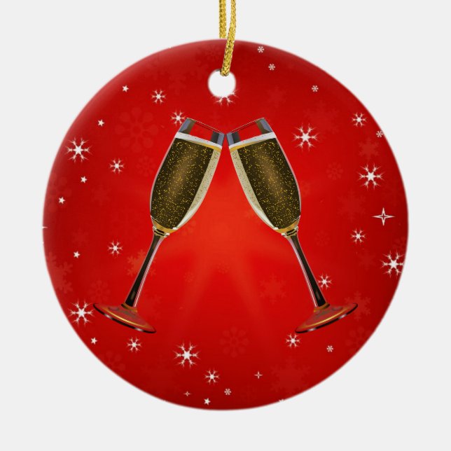 Champagne Glasses Celebration Gold on Red Ceramic Tree Decoration (Front)