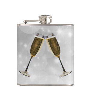 Champagne Glasses Celebration Gold on Silver Hip Flask