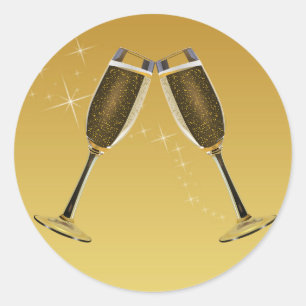 Champagne Glasses Celebration on Gold Classic Round Sticker