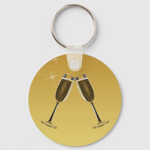 Champagne Glasses Celebration on Gold Key Ring