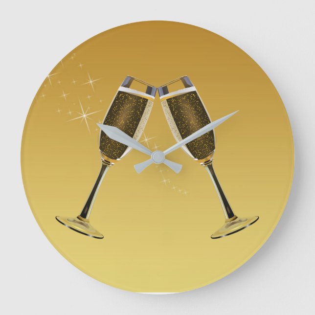 Champagne Glasses Celebration on Gold Large Clock (Front)