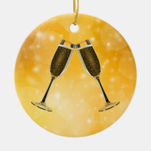 Champagne Glasses Celebration on Sparkling Gold Ceramic Tree Decoration