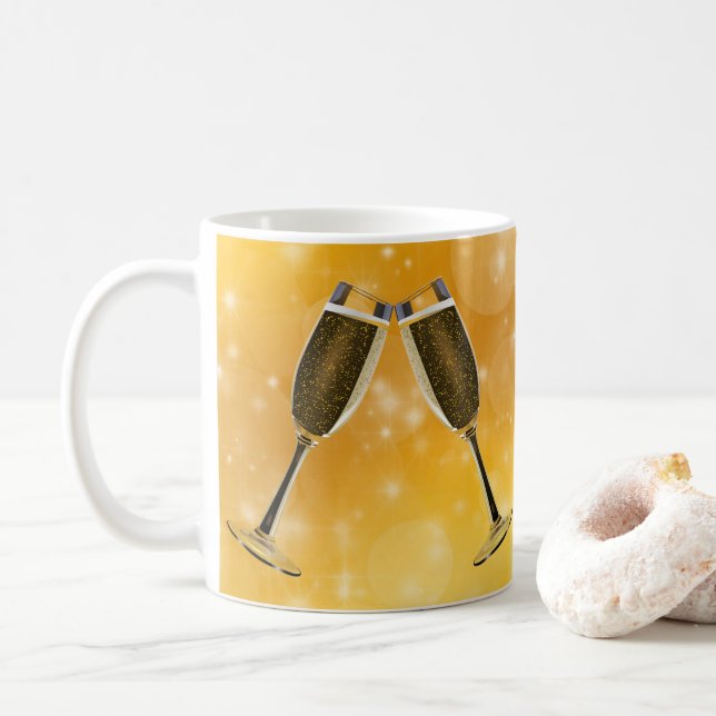 Champagne Glasses Celebration on Sparkling Gold Coffee Mug (With Donut)