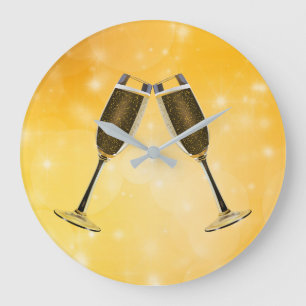 Champagne Glasses Celebration on Sparkling Gold Large Clock