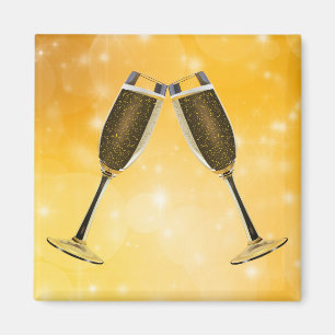 Champagne Glasses Celebration on Sparkling Gold Magnet