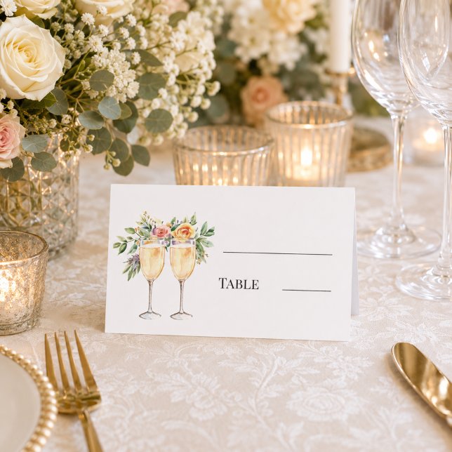 Champagne glasses florals monogrammed table place card (Creator Uploaded)