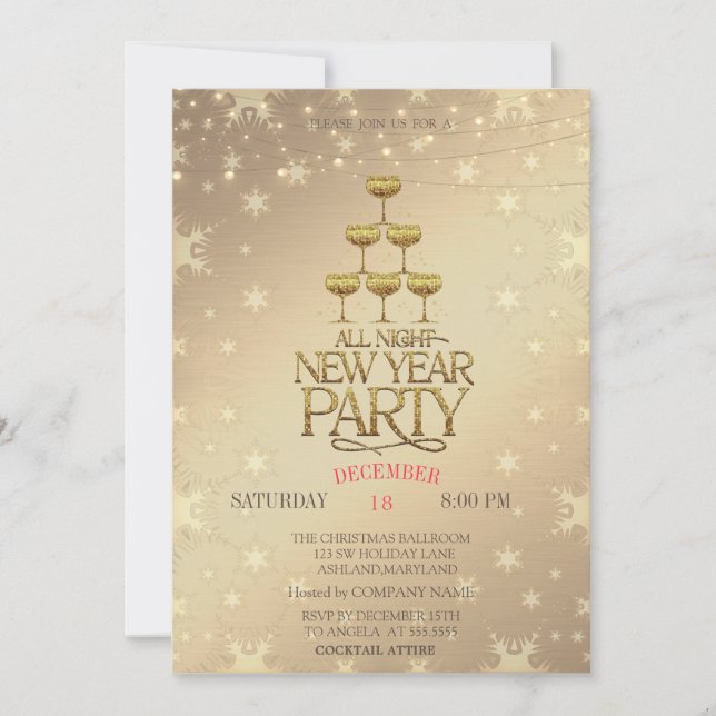 Champagne Glasses Gold Christmas  Invitation (Front)