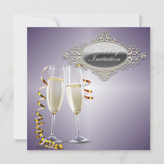Champagne glasses  Purple Wedding Invitation (Front)